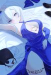  1girl absurdres argus_(azur_lane) argus_(cerulean_enthrallment)_(azur_lane) arm_up armpits azur_lane bare_shoulders bed_sheet blue_eyes blue_sleeves breasts commentary_request detached_sleeves grey_hair highres long_hair long_sleeves lying medium_breasts official_alternate_costume on_back parted_lips roido_(taniko-t-1218) solo very_long_hair 