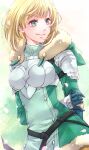  1girl alternate_hairstyle armor blonde_hair blue_gloves breastplate commentary_request dress ebi_puri_(ebi-ebi) fire_emblem fire_emblem:_three_houses fur_trim gloves green_dress green_eyes ingrid_brandl_galatea long_sleeves pauldrons short_hair shoulder_armor smile solo upper_body 