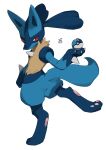  absurdres animal_focus ball blue_fur claws commentary hideko_(l33l3b) highres holding holding_ball holding_poke_ball looking_back lucario moon_ball no_humans pawpads poke_ball pokemon pokemon_(creature) red_eyes serious signature simple_background spikes standing walking white_background 