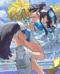  1girl animal_ears ass bare_legs black_hair blue_archive breasts cheerleader confetti criss-cross_halter dog_ears dog_tail drone goggles goggles_on_head halterneck hibiki_(blue_archive) hibiki_(cheer_squad)_(blue_archive) highres looking_at_viewer looking_to_the_side medium_breasts millennium_cheerleader_outfit_(blue_archive) miniskirt multicolored_clothes multicolored_skirt official_alternate_costume outdoors panties pom_pom_(cheerleading) ponytail round30fight shoes skirt sneakers solo sports_bra standing standing_on_one_leg tail tail_under_clothes two-tone_sports_bra underwear white_panties 