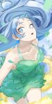  1girl :o absurdres blue_eyes blue_hair boku_no_hero_academia cloud day dress energy fengling_(furin-jp) green_dress hadou_nejire highres long_hair looking_at_viewer midair open_mouth outdoors solo 
