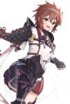  1girl absurdres armor blush dark_red_hair gonzarez highres looking_at_viewer lora_(xenoblade) open_mouth ponytail red_hair smile thighs white_background wind xenoblade_chronicles_(series) xenoblade_chronicles_2 xenoblade_chronicles_2:_torna_-_the_golden_country yellow_eyes 