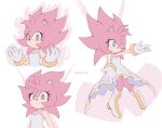  1girl amy_rose artist_name dress gloves gold_choker hallsth-eien highres looking_at_viewer multiple_views pink_eyes simple_background sonic_(series) super_amy_rose watermark white_background white_dress white_gloves 