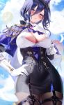  1girl :o absurdres ascot black_skirt blue_hair blue_sky blush breasts clorinde_(genshin_impact) cloud corset epaulettes fantongjun genshin_impact gloves hand_on_own_hip hat highres large_breasts looking_at_viewer open_mouth pantyhose purple_ascot purple_eyes skirt sky solo tricorne vision_(genshin_impact) white_gloves 
