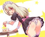  1girl alternate_costume ass back_bow black_dress black_thighhighs blush bow cake cake_slice commentary commission cougar_(cougar1404) cowboy_shot crotch_seam dress english_commentary enmaided fate/kaleid_liner_prisma_illya fate_(series) food food_print frilled_sleeves frilled_thighhighs frills from_behind frown fruit grey_hair illyasviel_von_einzbern leaning_forward long_hair looking_at_viewer looking_back maid maid_headdress microdress mixed-language_commentary open_mouth panties pantyshot pink_bow print_panties red_eyes short_sleeves skeb_commission solo standing starry_background strawberry strawberry_panties strawberry_print sweatdrop thighhighs underwear white_panties wrist_cuffs yellow_background 