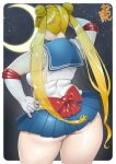  1girl ass back back_bow bishoujo_senshi_sailor_moon blonde_hair blue_sailor_collar blue_skirt bow bowtie breasts double_bun hair_bun huge_ass large_breasts long_hair miniskirt neone pleated_skirt plump red_bow red_bowtie sailor_collar sailor_moon shirt short_sleeves skin_tight skirt solo thick_thighs thighs tsukino_usagi twintails very_long_hair white_background white_shirt 