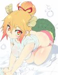 1girl :3 aetherion all_fours blush breasts bubble crop_top dolphin_shorts dragon_girl dragon_horns dragon_tail foam hair_bun hair_ribbon hanging_breasts highres horns kobayashi-san_chi_no_maidragon large_breasts looking_at_viewer orange_eyes orange_hair pink_shorts red_ribbon ribbon shirt shorts simple_background single_hair_bun sleeves_rolled_up slit_pupils smile solo sparkling_eyes tail tile_floor tiles tohru_(maidragon) washing wet wet_clothes white_background white_shirt 