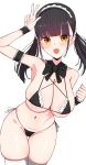  1girl absurdres areola_slip arm_strap armpits ass_visible_through_thighs bare_shoulders bikini black_bikini black_hair blunt_bangs blush bow bowtie breasts cleavage clenched_hand covered_nipples cowboy_shot frills highres large_breasts long_hair looking_at_viewer maid maid_headdress micro_bikini navel oha_(oha_h22) open_mouth original side-tie_bikini_bottom simple_background skindentation smile solo swimsuit thigh_gap thighhighs twintails w white_background white_thighhighs yellow_eyes 