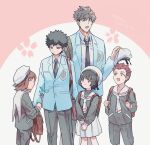  1girl 4boys aged_down arm_grab backpack bag black_hair black_necktie black_shorts blazer bob_cut brown_hair cardcaptor_sakura child cosplay green_eyes grey_hair grey_pants hat height_difference holding holding_bag holding_clothes holding_hat jacket kazama_souya kikuchihara_shirou kinomoto_sakura kinomoto_sakura_(cosplay) kinomoto_touya kinomoto_touya_(cosplay) kzmsnmjkk li_xiaolang li_xiaolang_(cosplay) long_sleeves looking_ahead looking_at_viewer looking_down looking_up mikami_kaho miniskirt multiple_boys neckerchief necktie open_mouth own_hands_together pants petals pleated_skirt putting_on_headwear red_hair sailor_collar sailor_hat school_uniform serafuku shirt short_hair shorts shoulder_bag sideways_glance skirt smile spiked_hair standing suwa_koutarou tomoeda_elementary_school_uniform tomoeda_high_school_uniform tsukishiro_yukito tsukishiro_yukito_(cosplay) undercut utagawa_ryou_(world_trigger) v_arms white_background white_neckerchief white_sailor_collar white_shirt white_skirt world_trigger 