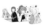  4girls alcohol ark_royal_(kancolle) arms_behind_back arms_on_table bar_(place) bartender blush bob_cut bow breasts closed_eyes closed_mouth collared_coat collared_shirt elbows_on_table flower glass greyscale hair_between_eyes hands_on_own_cheeks hands_on_own_face happy heart jacket kantai_collection leaning_forward long_hair looking_at_another lovestruck medium_breasts messy_hair monochrome multiple_girls necktie nelson_(kancolle) open_mouth out_of_frame ponytail rose saratoga_(kancolle) shirt short_hair sidelocks sitting skirt sleeves_rolled_up talking translation_request victorious_(kancolle) weidashming yuri 