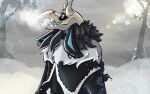  american_mythology anthro avian bird bone clothing coat demon fantasy feather_hair feathers floppy_ears fluffy grimeire hi_res horn hybrid indigenous_north_american_mythology male mythology north_american_mythology pseudo_hair skull skull_head snow solo topwear unknown_character wendigo winter 