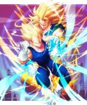  2boys artist_name biceps blonde_hair blue_bodysuit blue_eyes blue_shirt bodysuit boots clenched_hand clenched_teeth closed_mouth cloud collarbone dougi dragon_ball dragon_ball_z electricity energy gloves green_eyes halo hand_up letterboxed long_hair looking_at_viewer male_focus multiple_boys muscular muscular_male no_eyebrows ommmyoh orange_pants outstretched_arm pants pectorals shirt short_sleeves signature sky sleeveless sleeveless_bodysuit smile smirk son_goku spiked_hair super_saiyan super_saiyan_2 super_saiyan_3 sweatdrop teeth torn_clothes twitter_username v-shaped_eyebrows vegeta white_footwear white_gloves widow&#039;s_peak 
