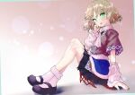  1girl absurdres arm_warmers black_footwear black_skirt blonde_hair brown_jacket full_body green_eyes highres ikamagu jacket looking_at_viewer mizuhashi_parsee open_mouth parsee_day pleated_skirt pointy_ears shoes short_hair short_sleeves sitting skirt socks solo touhou white_socks 