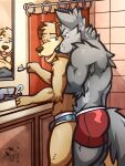  2019 3:4 alternate_version_at_source alternate_version_in_description andrew_oleander anthro anthro_on_anthro artist_logo artist_name bathroom bird_dog black_nose blue_briefs blue_clothing blue_eyes blue_underwear boxer_briefs boxer_briefs_only briefs briefs_only brown_eyes brown_nose brush bulge butt canid canine canis clothed clothing colored_seam_underwear cooper_estevez domestic_dog duo embrace fur grey_body grey_fur hi_res holding_object hug hunting_dog labrador logo looking_back male male/male mammal mirror multicolored_body multicolored_fur muscular muscular_male open_mouth open_smile rear_view red_boxer_briefs red_clothing red_underwear retriever shower_curtain smile tan_body tan_fur toothbrush toothpaste toothpaste_tube topless two_tone_body two_tone_fur underwear underwear_only ventkazemaru whiskers white_seam_briefs white_seam_underwear wolf 
