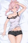  1girl bed_sheet blue_eyes blush breasts das_(dan_dan) earrings fate/grand_order fate_(series) highres jewelry long_hair lying miyamoto_musashi_(fate) navel pink_hair ponytail shirt shorts sleeveless sleeveless_shirt 