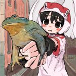  1girl alien alien_nine animal black_hair blush borg_(alien_nine) brown_eyes bubbacterial fingerless_gloves frog gloves highres holding holding_animal ootani_yuri open_mouth perspective sweat wings 