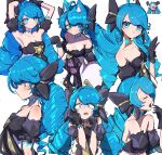 1girl absurdres ahoge animal_ears black_bow black_gloves blue_hair blush bow breasts cat_ears collarbone detached_sleeves dress drill_hair gloves gwen_(league_of_legends) hair_bow highres large_breasts league_of_legends long_hair looking_at_viewer monakan_japan open_mouth smile twin_drills twintails 