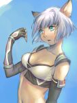  1girl 2023 animal_ear_fluff animal_ears artist_name avatar_(ff11) black_gloves blue_eyes blunt_ends breasts cactus41747280 cat_ears cat_girl cleavage collarbone dated facial_mark final_fantasy final_fantasy_xi fingerless_gloves gloves hand_up highres medium_breasts midriff mithra_(ff11) navel open_mouth short_hair solo whisker_markings white_hair 