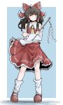  1girl absurdres ascot bare_shoulders blue_background bow breasts brown_eyes brown_hair detached_sleeves eyebrows_hidden_by_hair fe_(tetsu) frilled_bow frilled_hair_tubes frilled_shirt_collar frills full_body gohei hair_between_eyes hair_bow hair_tubes hakurei_reimu highres holding holding_stick long_hair long_sleeves looking_at_viewer mary_janes petticoat red_bow red_skirt red_vest shoes simple_background skirt skirt_set small_breasts solo standing stick straight-on touhou vest wide_sleeves yellow_ascot 
