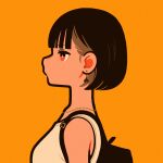  1girl absurdres bag black_bag black_hair earrings flat_color highres jewelry miyoshi_yoshimi necklace orange_background orange_eyes orange_theme original profile shirt short_hair shoulder_bag simple_background sleeveless sleeveless_shirt solo upper_body white_shirt 