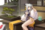  1girl arknights arm_up center_cross_lace center_opening china_dress chinese_clothes dress feather_hair fur_(clothing) grey_hair hand_on_own_head highres jiusan_naitan long_hair looking_at_viewer no_bra owl_ears owl_girl plant potted_plant ptilopsis_(arknights) rhine_lab_logo sitting sleeveless sleeveless_dress solo tassel test_tube test_tube_rack white_fur yellow_eyes 