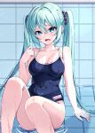  1girl aqua_eyes aqua_hair aqua_nails bare_legs blue_one-piece_swimsuit breasts character_name cleavage commentary competition_school_swimsuit covered_navel decora_(decopining) feet_out_of_frame fingernails hair_between_eyes hand_up hatsune_miku highres long_hair looking_at_viewer lower_teeth_only medium_breasts name_tag one-piece_swimsuit open_mouth school_swimsuit sidelocks sitting solo swimsuit teeth twintails very_long_hair vocaloid water wet wet_clothes wet_hair wet_swimsuit 