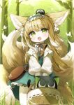  1girl animal_ear_fluff animal_ears aqua_hairband aqua_skirt arknights bag basket black_cat blonde_hair brown_bag brown_ribbon cardigan cat commentary creature_on_head crossover fox_ears fox_girl fox_tail frilled_hairband frills green_eyes hair_ornament hair_scrunchie hairband handbag heixiu high-waist_skirt holding holding_basket kitsune kyuubi long_sleeves looking_up luo_xiaohei luo_xiaohei_zhanji multicolored_hair multiple_tails neck_ribbon official_alternate_costume on_head open_cardigan open_clothes open_mouth puffy_long_sleeves puffy_sleeves ribbon round_bag rucha_(dokkanhanabi) scrunchie shirt shoulder_bag skirt suzuran_(arknights) suzuran_(spring_praise)_(arknights) tail two-tone_hair white_cardigan white_hair white_shirt 