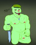  absurd_res anthro bear beret bodily_fluids clothing dog_tags flat_colors flippy_(htf) foreskin fur genital_fluids genitals green_body green_fur happy_tree_friends hat headgear headwear hi_res kneeling knife looking_at_viewer male mammal mckodimus military musclegut nipples penis precum scar simple_background sitting solo tongue tongue_out yellow_eyes 