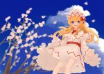  1girl absurdres blonde_hair blue_eyes blush capelet cherry_blossoms dress feet_out_of_frame hat highres lily_white long_hair long_sleeves open_mouth outdoors smile solo touhou white_capelet white_dress white_headwear wide_sleeves wrainman 