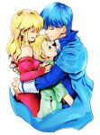  1girl 2boys blonde_hair blue_cape blue_coat blue_hair cape closed_eyes coat diarmuid_(fire_emblem) dress family father_and_son finn_(fire_emblem) fire_emblem fire_emblem:_genealogy_of_the_holy_war green_eyes green_shirt group_hug hug lachesis_(fire_emblem) looking_at_another mother_and_son multiple_boys niku_(amikoto) red_dress shirt 