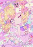  1girl absurdres blonde_hair bow character_name curly_hair dress highres holding holding_phone idol_land_pripara idol_time_pripara magical_girl milon_cas one_eye_closed pastel_colors phone pink_dress pink_thighhighs pop_(smile_precure!) pretty_(series) pripara purple_bow purple_eyes retro_artstyle selfie solo thighhighs twintails yumekawa_yui 