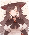  1girl animal_ear_fluff animal_ears blush brooch brown_hair closed_eyes collarbone commentary_request dress highres imaizumi_kagerou jewelry kaginoni long_hair long_sleeves motion_lines open_mouth red_dress solo touhou upper_body white_dress wolf_ears 