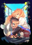  1boy 1girl braid cafe_artful carrying chaos_(rance) commentary_request glasses hand_on_another&#039;s_cheek hand_on_another&#039;s_face hayasaka hetero highres hug ivy long_hair looking_at_viewer mask_over_one_eye open_window orange_hair rance_(series) red_hair round_eyewear scar scar_on_face scar_on_forehead scar_on_nose short_hair smile twitter_username window 