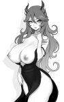  1girl artist_name brassica breasts breasts_out commission cowboy_shot curly_hair dress freckles greyscale hair_between_eyes highres horns large_breasts long_eyelashes long_hair monochrome nipples original pelvic_curtain shadow side_slit solo strap_slip 
