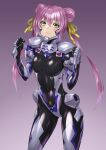  1girl black_bodysuit black_gloves blush bodysuit breasts clenched_hands covered_navel double_bun fortified_suit gloves gradient_background green_eyes hair_between_eyes hair_bun hair_ribbon highres kurione_(zassou) long_hair looking_at_viewer muvluv muvluv_alternative muvluv_alternative_(anime) pilot_suit pink_hair purple_background ribbon skin_tight small_breasts smile solo tamase_miki very_long_hair yellow_ribbon 