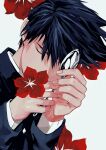  1boy absurdres black_hair closed_eyes covered_mouth facing_viewer flower gakuran hands_up highres holding holding_spoon kageyama_ritsu long_sleeves lying male_focus mob_psycho_100 neige404 on_side one_eye_covered portrait red_flower school_uniform short_hair simple_background solo spoon white_background 