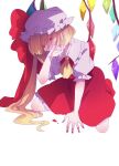  1girl blonde_hair blood blood_from_mouth blood_splatter bow collar collared_vest commentary_request covering_mouth crystal_wings eyelashes fingernails flandre_scarlet frilled_collar frilled_hat frilled_skirt frilled_sleeves frills hanada_hyou hand_on_floor hat hat_bow kneeling long_hair looking_at_viewer miniskirt mob_cap nail_polish puffy_short_sleeves puffy_sleeves red_bow red_eyes red_footwear red_nails red_skirt red_vest sharp_fingernails shirt shoes short_sleeves side_ponytail skirt skirt_set touhou vest white_background white_collar white_headwear white_shirt 