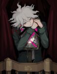  1boy ahoge closed_mouth danganronpa:_trigger_happy_havoc danganronpa_(series) danganronpa_2:_goodbye_despair green_jacket green_necktie grey_eyes grey_hair hands_up holding holding_photo iei jacket komaeda_nagito long_sleeves male_focus messy_hair naegi_makoto necktie open_clothes open_jacket photo_(object) sg_(sallgam) shirt smile standing white_shirt 