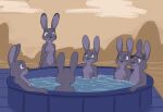  anthro bonnie_hopps breasts casual_exposure casual_nudity clothing disney female group hat headgear headwear judy_hopps lagomorph leporid male mammal nipples nude pool rabbit stu_hopps tggeko water zootopia 