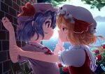  2girls absurdres backlighting bat_wings blonde_hair blurry blurry_background brick_wall closed_mouth crystal depth_of_field eye_contact flandre_scarlet flat_chest flower from_side grabbing_another&#039;s_arm half-closed_eyes hat highres incest light_smile looking_at_another mob_cap mountainous_horizon multiple_girls profile purple_hair red_eyes red_flower red_rose reito_(lyra-yasao-0628) remilia_scarlet rose short_hair siblings sisters surprised touhou water wings yuri 