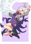  1girl ass black_footwear blush boots dress feathered_wings full_body grey_hair grey_jacket gyouza_(mhea5724) high_heel_boots high_heels highres jacket kishin_sagume long_sleeves open_clothes open_jacket open_mouth purple_dress red_eyes short_hair single_wing solo touhou white_wings wings 