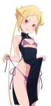  1girl absurdres bikini blonde_hair breasts camui1104 capella_emerada_lugnica china_dress chinese_clothes cleavage_cutout clothing_cutout dress grin hair_ornament highres looking_at_viewer navel purple_bikini re:zero_kara_hajimeru_isekai_seikatsu red_eyes short_hair side-tie_bikini_bottom simple_background small_breasts smile solo swimsuit white_background 