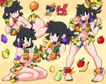  1girl apple banana black_eyes black_hair black_nails breasts cleavage crab eating food food-themed_clothes fruit grapes hand_up highres lemon lime_(fruit) lucia_(scott_malin) medium_breasts multiple_views navel one_eye_closed orange_(fruit) original pear pineapple scott_malin sitting standing yellow_background 