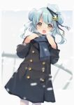  1girl absurdres alternate_costume black_coat black_ribbon blue_hair blue_scarf coat dixie_cup_hat double_bun fang feet_out_of_frame hair_bun hat hat_ribbon highres kantai_collection military_hat ribbon samuel_b._roberts_(kancolle) samuel_b._roberts_mk_ii_(kancolle) scarf skin_fang smile snow solo standing twintails yashin_(yasinz) yellow_eyes 