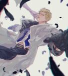  1boy 1girl belt belt_buckle black_feathers black_gloves black_pants blonde_hair blue_vest blurry blurry_foreground brown_belt buckle coat eni_(yoyogieni) falling_feathers feathers final_fantasy final_fantasy_viii gloves green_eyes grey_coat hair_slicked_back hand_on_another&#039;s_cheek hand_on_another&#039;s_face highres long_sleeves looking_at_another male_focus midriff_peek out_of_frame pants parted_lips scar scar_on_face scar_on_forehead seifer_almasy short_hair ultimecia upper_body vest white_background 