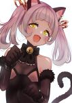  1girl @-you_(you_2023_8_16) animal_ear_piercing animal_ears bare_shoulders bell black_bow black_bowtie bow bowtie cat_ears cat_girl cat_tail elbow_gloves gloves gradient_eyes grey_hair hair_ornament highres hololive multicolored_eyes murasaki_shion neck_bell open_mouth tail twintails 