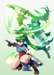  1girl afterimage blue_dress breasts dress fingerless_gloves fire_emblem fire_emblem:_the_blazing_blade gloves green_eyes green_hair hakuramen high_ponytail highres holding holding_sword holding_weapon katana large_breasts long_hair lyn_(fire_emblem) multiple_views pelvic_curtain ponytail rope_belt side_slit solo sword very_long_hair weapon 