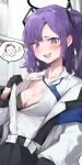  1girl arona&#039;s_sensei_doodle_(blue_archive) black_bra black_gloves black_skirt blue_archive blue_necktie blush bra breasts cleavage collarbone collared_shirt gloves halo highres large_breasts long_hair long_sleeves mechanical_halo necktie open_mouth pleated_skirt purple_eyes purple_hair sensei_(blue_archive) shirt skirt solo sweat two_side_up underwear white_shirt yogu_(user_rxdx2445) yuuka_(blue_archive) 