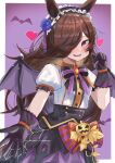  1girl absurdres alternate_costume animal_ears gloves hair_ornament hair_over_one_eye heart highres horse_ears horse_girl long_hair looking_at_viewer open_mouth ponzu_purin purple_eyes ribbon rice_shower_(make_up_vampire!)_(umamusume) rice_shower_(umamusume) simple_background solo umamusume 