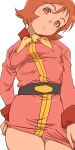  1girl aoi_nori_(aoicoblue) belt breasts brown_eyes brown_hair closed_mouth cowboy_shot dress frau_bow freckles gundam looking_at_viewer military military_uniform mobile_suit_gundam neckerchief pink_dress short_dress short_hair simple_background skirt solo standing uniform white_background yellow_neckerchief 